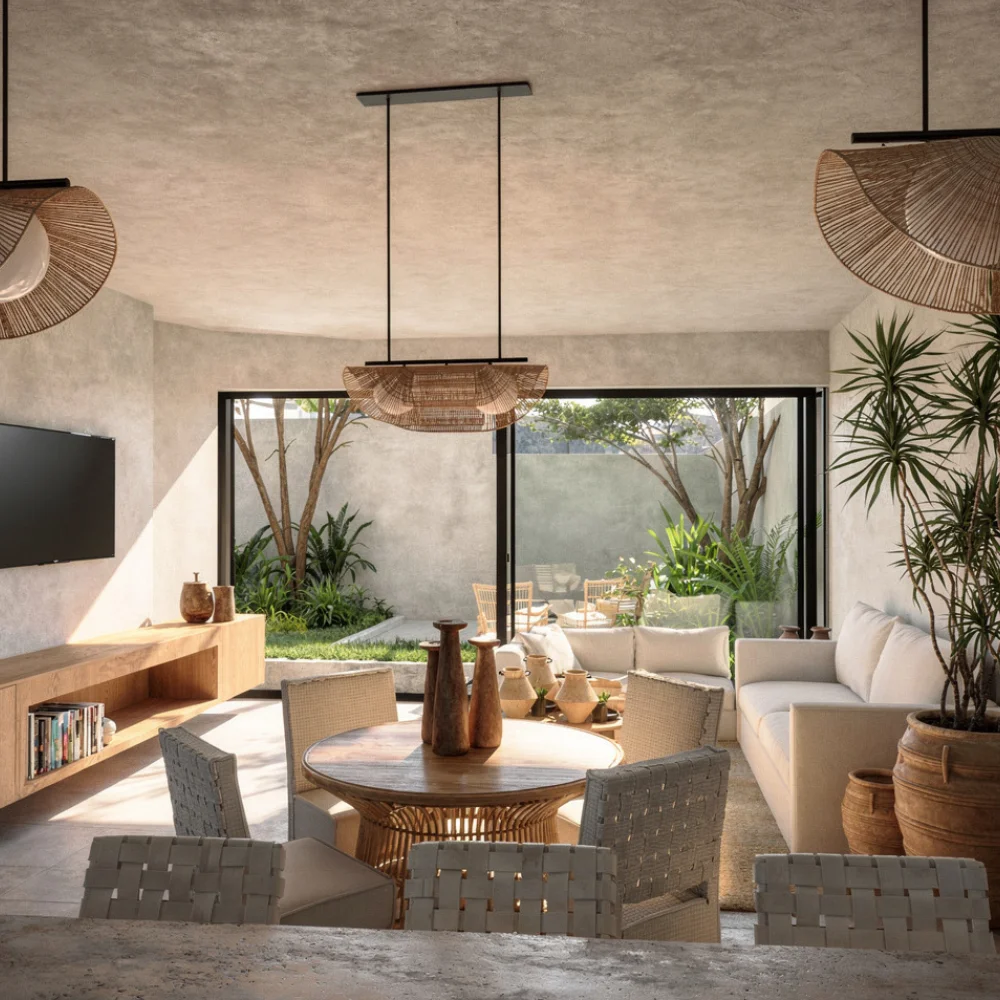 Interior del modelo Garden Sanctuary con sala y vista al jardín